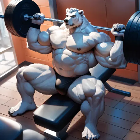 huge muscular polar bear in brick building gym, big hulking flex, grunting noise, polar bear, huge white fur, neck traps, thick arm, huge arm, added thick colored gray mustache, added thick colored grey beard. Short white hair, (veiny muscular, pectoral, w...