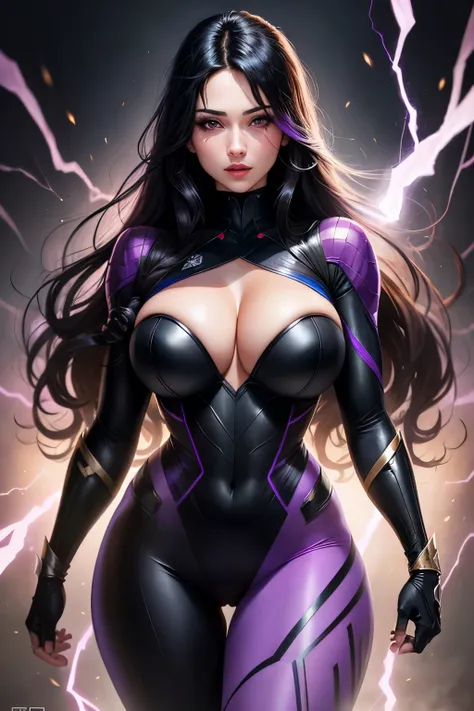 beautiful woman, long black hair, purple eyes, purple superhero outfit, big bust, cleavage, electric effects, high quality