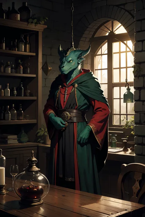 A green Dragonborn wizard in a dungeon, slimmer appearance, wearing a black and red robe, with some hanging bodies and some alchemical objects on a table,

