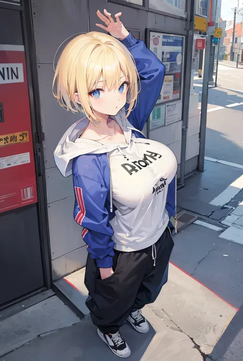 1 girl, big breasts, Short Hair, Blonde hair, Hoodie, Arms open, Baggy trousers