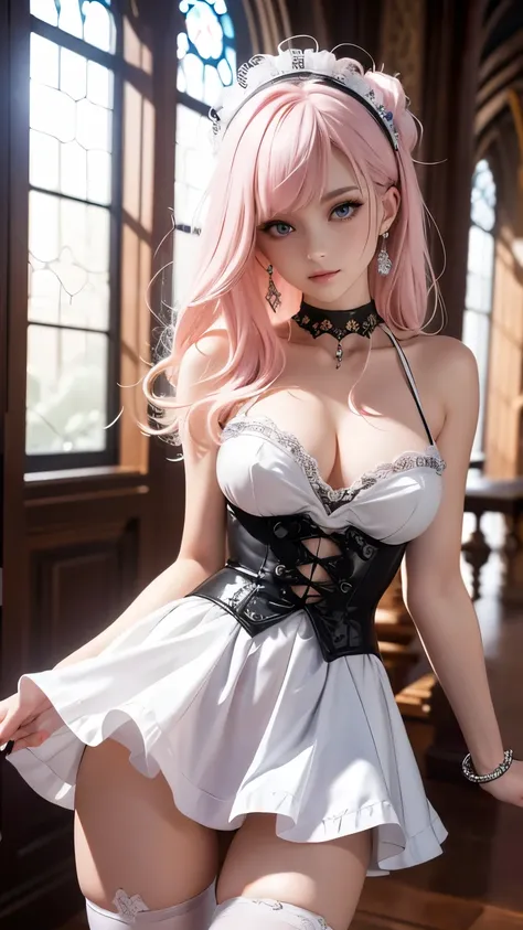 (masterpiece, Highest quality), Intricate details, thin, ((slim)), beautiful girl, Light pink hair, White skin, Light purple eyes, Sharp jawline, Messy Hair, lips, Upper Body, close, Grin, Gothic Lolita fashion, Choker, Arm Covers, church, seductive pose, ...