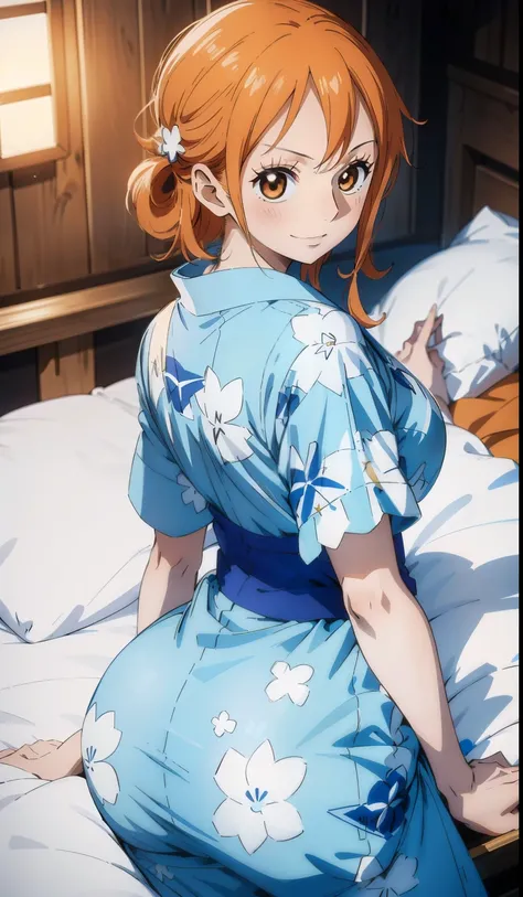 nami from one piece, ((wearing YUKATA and showing PERFECT ASS)), WEARING YUKATA, ((laying on bed showing ass)), good anatomy, masterpiece, best quality, 4k, 8k, professional photography, soft light, sharp focus, 1 girl, orange hair, open lips, lipstick, bi...