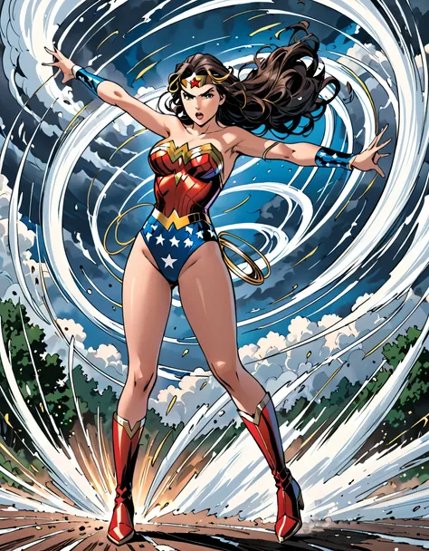 masterpiece, best quality, high res, wonder woman whirls into a tornado, she (cyclone spinning), she spins at super speeds, dyna...