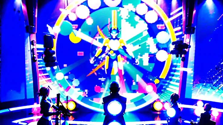 Futuristic anime-style music studio interior. In the center, a translucent, blue-glowing humanoid AI holds a large baton, with musical notes and instruments floating in the air. Five silhouettes of different anime characters are arranged in a circle around...