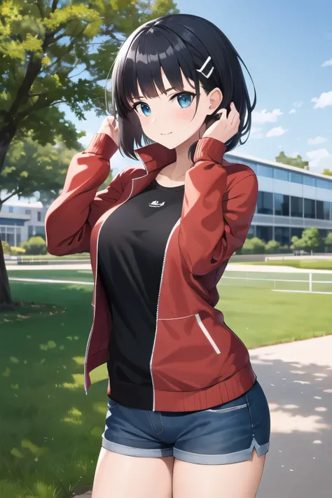 masterpiece, best quality, highres, aasugu, short hair, hairclip, large breasts, track jacket, red jacket, black shirt, blue shorts, standing, cowboy shot, park, outdoors,