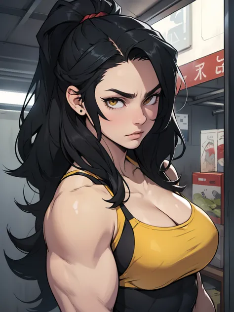 black hair yellow eyes pale skin long hair muscles breasts sad girl hair hair hair