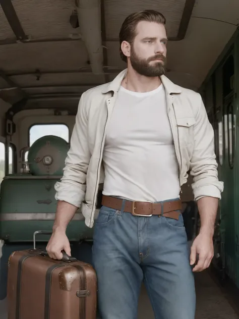 The white man, muscular, 3, with a defined beard, poses in a scene set in 1951. He wears a tight white t-shirt, that accentuates its musculature, and a light brown leather jacket, Classic cut, over the shoulders. The pants are dark denim, Straight cut and ...