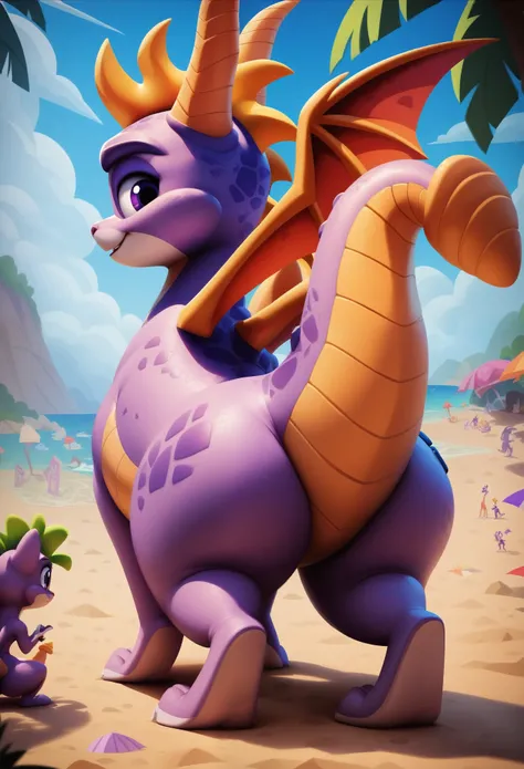 Duo, (Macro Feral female Spyro, ((HUGE tail, THICK tail bottom)), long tail, wide hips, thighs, back), ((ant view)), looking at viewer, break, judy hopps, Police uniforme, wide hips, standing on spyros thighs, on a beach