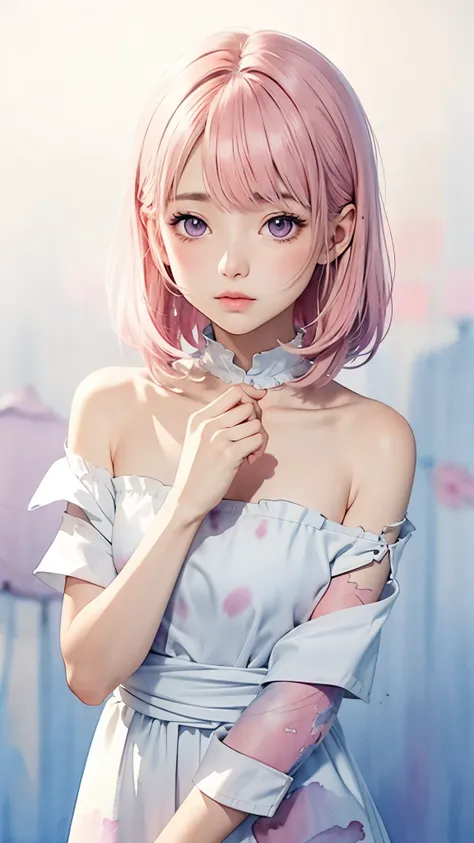 (((Blurred background、Watercolor style background)))、A girl、16talent、anatomy、Light pink eyes、#11: Loose Low Ponytail、Light pink hair、Small Breasts、Black open collar dress、Transparent lace dress、translucent、Random pose、best quality、high resolution、high reso...