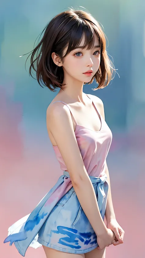 (((Blurred background、Watercolor style background)))、A girl、16talent、anatomy、Light pink eyes、#11: Loose Low Ponytail、Light pink hair、Small Breasts、Black open collar dress、Transparent lace dress、translucent、Random pose、best quality、high resolution、high reso...
