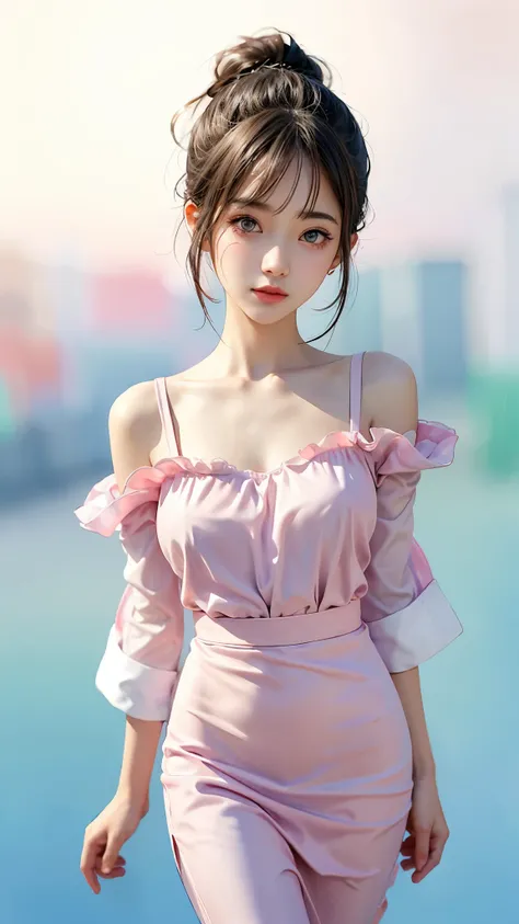 (((Blurred background、Watercolor style background)))、A girl、16talent、anatomy、Light pink eyes、#11: Loose Low Ponytail、Light pink hair、Small Breasts、Black open collar dress、Transparent lace dress、translucent、Random pose、best quality、high resolution、high reso...