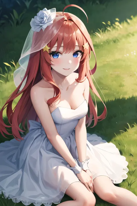 masterpiece, best quality, highres, aaitsuki, long hair, ahoge, star hair ornament, bridal veil, collarbone, bare shoulders, strapless, wedding dress, white dress, wrist cuffs, graden, smile, grass, sitting, on floor