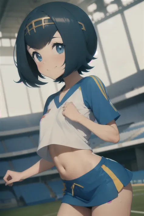 anime style, 1 girl lana , young girl , childshi  body ,solo , short blue hair ,sweat , flat chest , yelow shirt underboobs , fl...