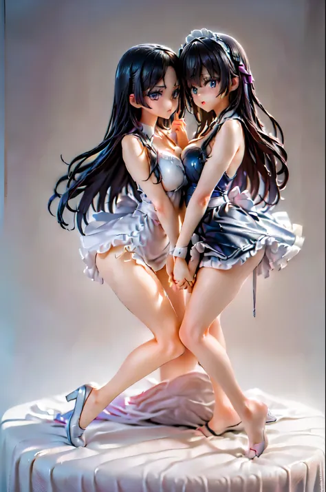 (Two girls hugging each other and holding hands:1.8), (Sitting on the bed:1.5), (Maid clothes:1.5)、(Big Breasts、Butt:1.5), (shed a lot of tears、Crying in fear:1.5), (Simple Background:1.8), (Highest quality, masterpiece: 1.5), (2.5D)、(((Skin glowing with o...