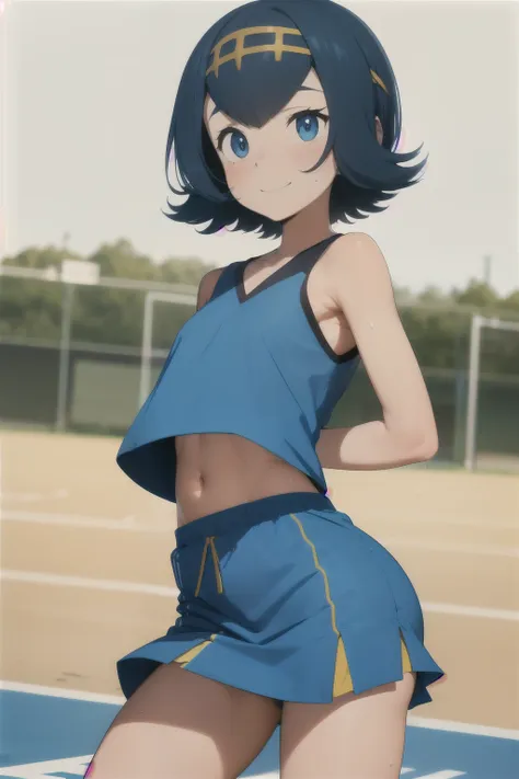 anime style, 1 girl lana , young girl , childshi  body ,solo , short blue hair ,sweat , flat chest , yelow shirt underboobs , fl...