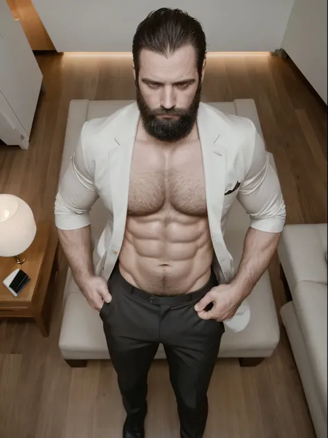 a white man, muscular, 3, with perfectly outlined beard, poses with a confident attitude in the center of the main hall of "The House of the Famous". The room is decorated in a modern and luxurious style., with velvet sofas and soft lighting that highlight...