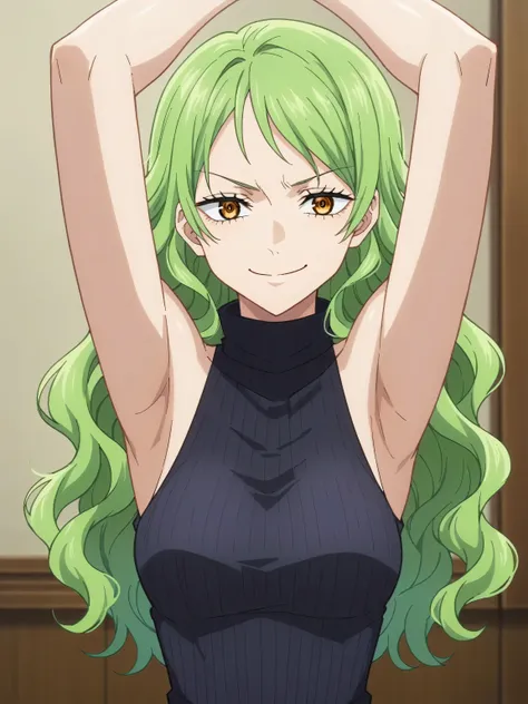 score_9, score_8_up, score_7_up, source_anime, anime screencap, 1girl, solo, indoors, monet, green hair, wavy hair, amber eyes, ...