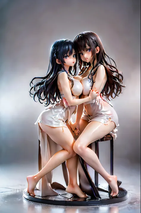 (Two girls hugging each other and holding hands:1.8), (Sitting on the bed:1.5), (Maid clothes:1.5)、(Big Breasts、Butt:1.5), (shed a lot of tears、Crying in fear:1.5), (Simple Background:1.8), (Highest quality, masterpiece: 1.5), (2.5D)、(((Skin glowing with o...