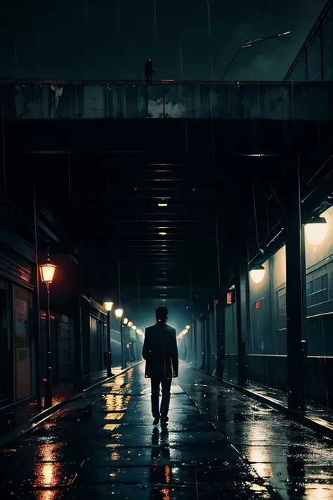 A black-haired man in a tattered suit walking in a dimly lit night city under a bridge and in the rain