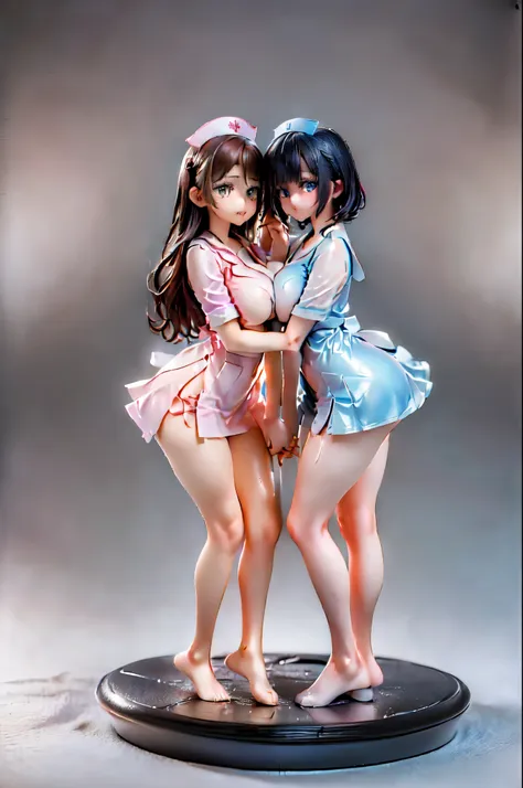 (two girls hugging each other and holding hands:1.8), (sitting on the bed:1.5), (nurse uniform:1.5)、(big breasts、butt:1.5), (she...