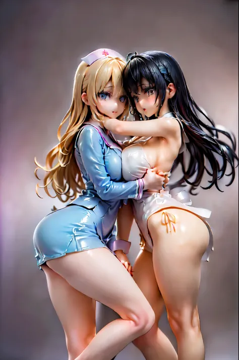 (Two girls hugging each other and holding hands:1.8), (Sitting on the bed:1.5), (Nurse uniform:1.5)、(Big Breasts、Butt:1.5), (shed a lot of tears、Crying in fear:1.5), (Simple Background:1.8), (Highest quality, masterpiece: 1.5), (2.5D)、(((Skin glowing with ...