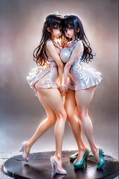 (Two girls hugging each other and holding hands:1.8), (Sitting on the bed:1.5), (Nurse uniform:1.5)、(Big Breasts、Butt:1.5), (shed a lot of tears、Crying in fear:1.5), (Simple Background:1.8), (Highest quality, masterpiece: 1.5), (2.5D)、(((Skin glowing with ...