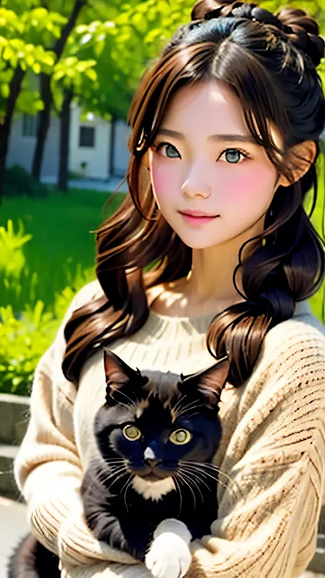 highest quality、black catを抱く女の子、pretty girl、bun hair with brown hair tied、black cat、natureな見た目、long shot、nature