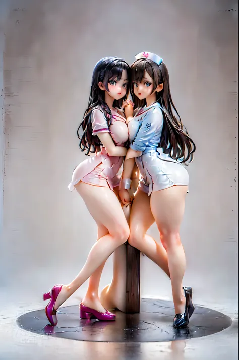 (two girls hugging each other and holding hands:1.8), (sitting on the bed:1.5), (nurse uniform:1.5)、(big breasts、butt:1.5), (she...