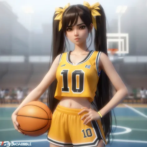 Close-up of a woman holding a basketball on a court., Realistic 3D, Wearing a basketball jersey, Realistic rendered anime girl, render of a cute Bangladesh girl 3D, Realistic 3D, 3d style, Bangladesh girl 3D, exaggerated school children, Smooth CG art, a e...