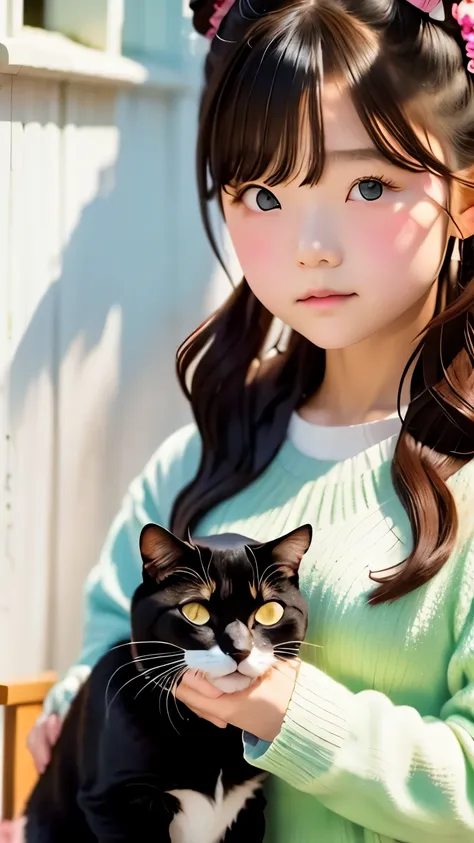 highest quality、masterpiece、１０year old girl、black catを抱く女の子、pretty girl、bun hair with brown hair tied、black cat、natureな見た目、long ...