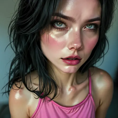 (masterpiece, best quality:1.2), 1girl, sweating after workout, long hair, breasts, blush, red eyes, muscular, athletic, shiny skin, detailed face, sweat beads, dynamic pose, warm lighting, glowing skin, pink sports bra, white shorts, running shoes, studio...