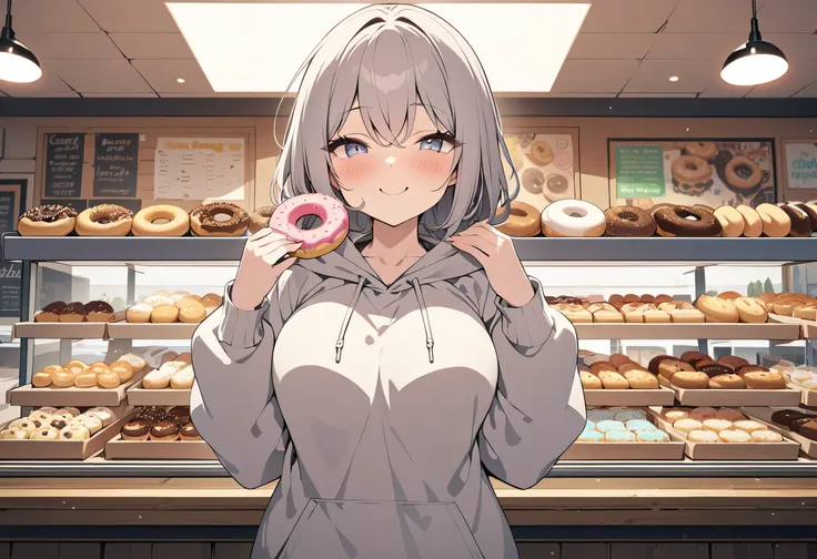 (masterpiece), ((Highest quality)), ((Very detailed)), ((High resolution)) ,((8k)), 1 female, Chew a donut, With a donut in each hand, Wearing a hoodie, Smile, Donut Shop, tray, Inside the store