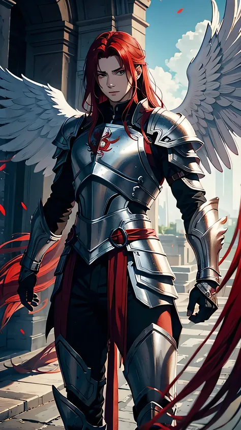 an angelic warrior man with long, blood-red hair, with silver armor with wings 