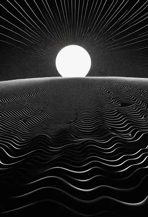 A vast surreal landscape covered in white lines undulating against a deep black background, creating a sense of continuous, fluid movement. on the horizon, A lone figure stands in front of a bright white sun, that emits geometric and symmetrical rays, proj...