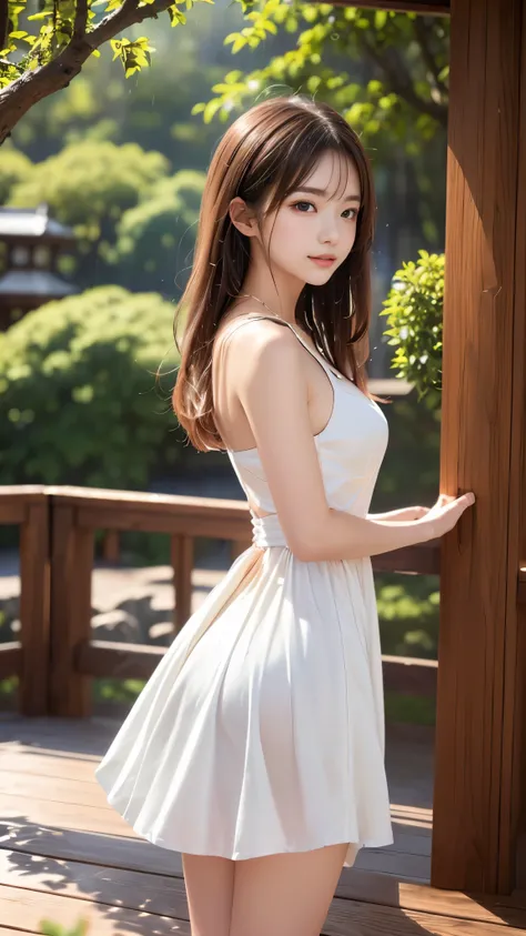 ((araffe woman in a orange and white dress on a deck)), sakimichan, profile picture, Yoshitomo Nara, profile pic, Chiho, wearing a wet orange and white short dress, japanese model, profile photo, shikamimi, (Rainy Botanical Garden), (Smooth and beautiful b...