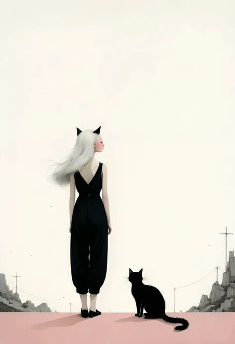 in style of Santiago Caruso，in the style of Alessandro Gottardo-【Flat coating】-
 ((best quality)), illustration, hairy, cat, Animal ears, Tail, black jumpsuit, 1 girl, whole body, 1 girl, alone, long hair, white hair, ,pink eyes, looking at the audience, S...