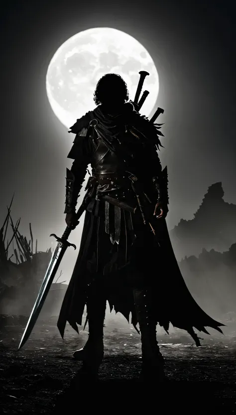 A lone warrior, standing and defiant, He faces an angry mob who raise improvised tools and weapons in an act of rebellion. about him, A monstrous shadow looms, projecting a sense of impending danger, with open jaws and sharp teeth. The scene is in black an...