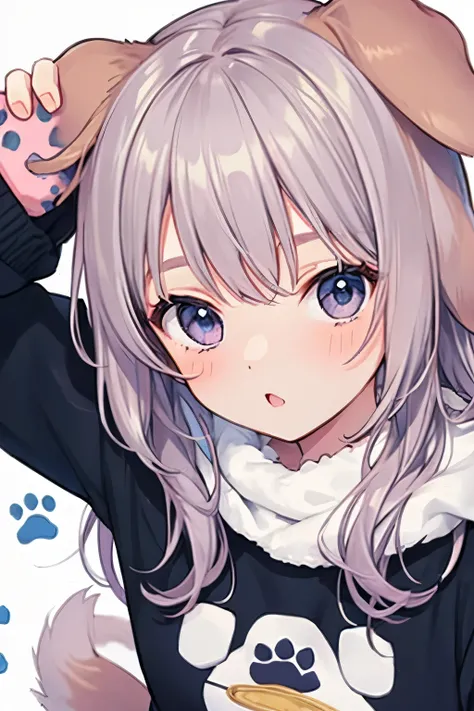 girl,((dog ears:1.3)),((Fancy and cute winter clothes)),Angle from above,((cute pose)),BREAK//((Animal footprints background:1.3)),((colorful:1.2)),((close up of face))