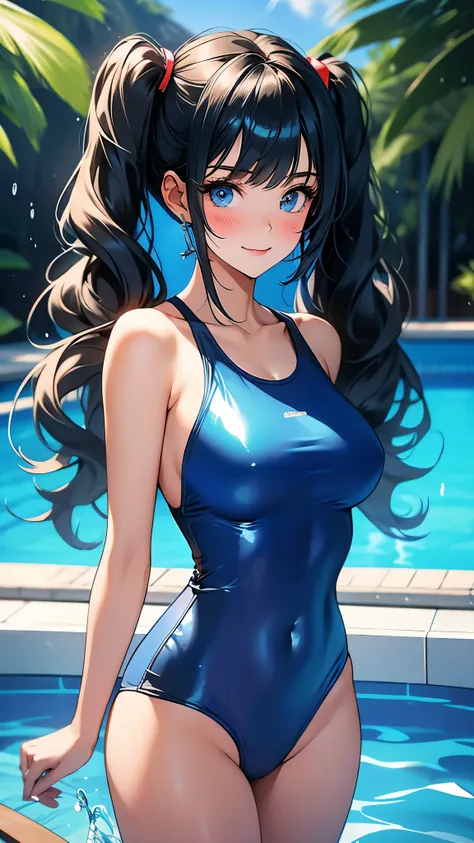 1girl, blue eyes, black hair, twintails, sidelocks, bangs, wavy hair, one-piece swimsuit, school swimsuit, blue swimsuit, covered navel, covered nipples, large breasts, thick thighs, thighs, bare shoulders, arms behind back, collarbone, blush, smile, looki...