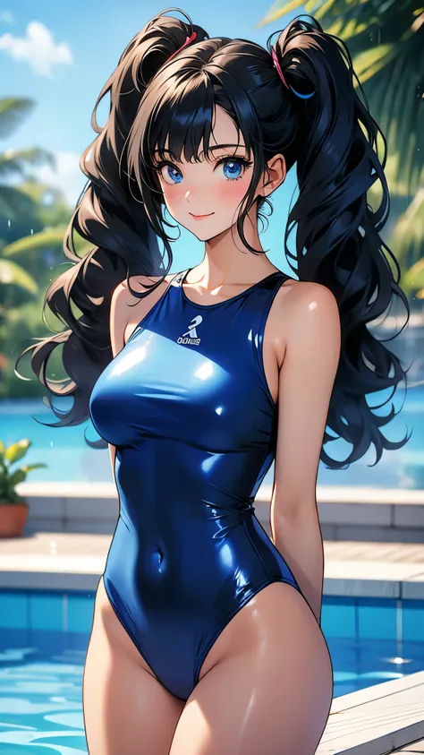 1girl, blue eyes, black hair, twintails, sidelocks, bangs, wavy hair, one-piece swimsuit, school swimsuit, blue swimsuit, covered navel, covered nipples, large breasts, thick thighs, thighs, bare shoulders, arms behind back, collarbone, blush, smile, looki...