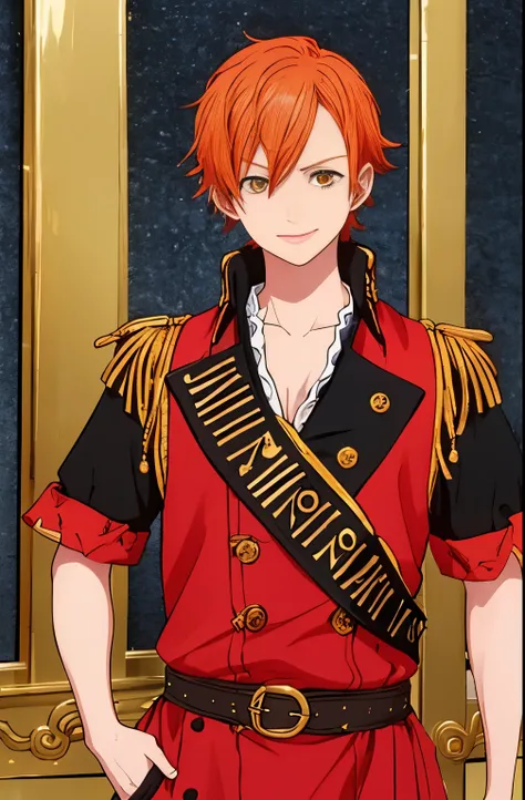 1boy, wanostyle, ginger hair, orange hair, yellow eyes, pirate captain, looking at viewer, red clothes, pirate clothes, golden ornaments on clothes, golden details on clothes, Casual clothing options, Notable height, Determined stance, Closely cropped hair...