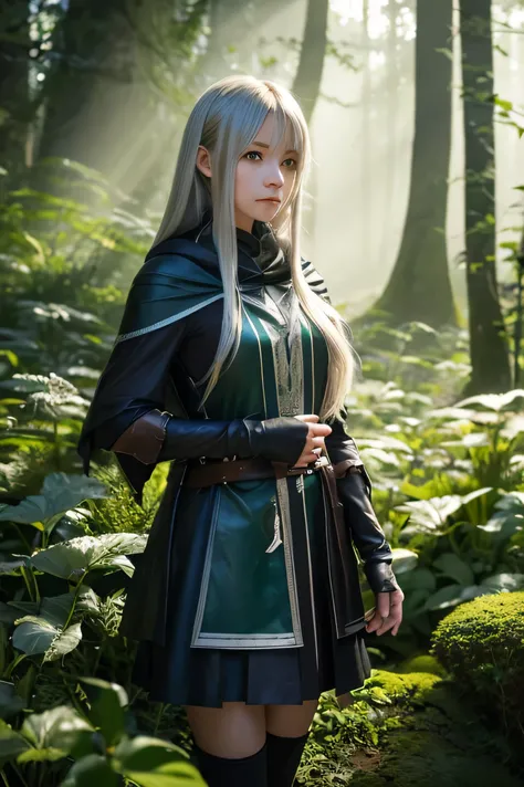 "Create an image of Sylphie, a character from the story Mob kara Hajimaru Tansaku Eiyuutan. She is a young woman with long, flowing silver hair that shimmers like moonlight, and her emerald green eyes have a hint of mystery and determination. Sylphie is we...