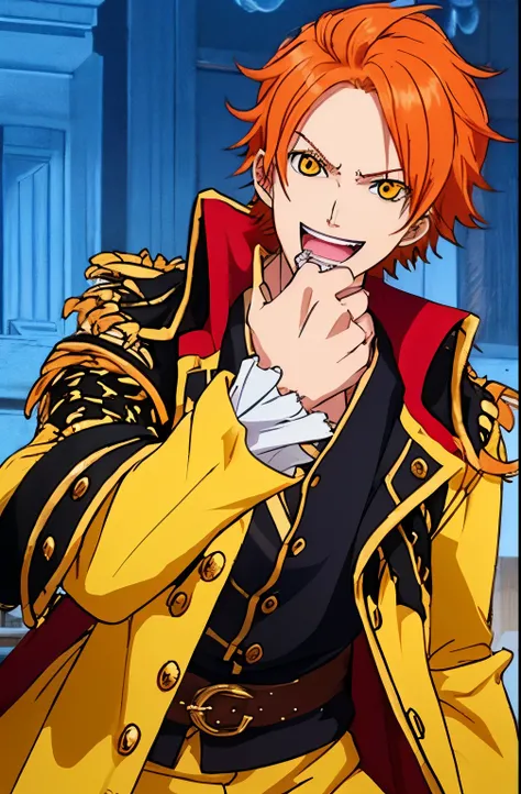 1boy, wanostyle, ginger hair, orange hair, yellow eyes, pirate captain, looking at viewer, red clothes, pirate clothes, golden ornaments on clothes, golden details on clothes, Casual clothing options, Notable height, Determined stance, Closely cropped hair...