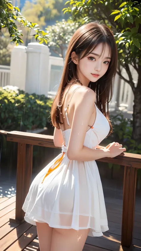 ((araffe woman in a orange and white dress on a deck)), sakimichan, wearing a wet orange and white short dress, japanese model, (Rainy Botanical Garden), (Smooth and beautiful brown hair), (Beautiful small face, Beautiful Eyes, high nose, Moisturizing lips...