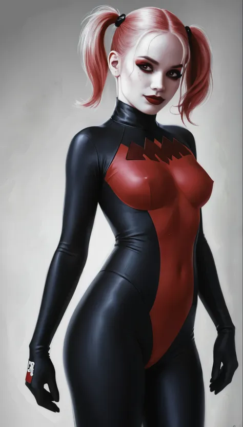 harley quinn, wearing a black and red morph suit, hourglass figure, f /2.8, cinematic, high quality, skin texture, looking at th...