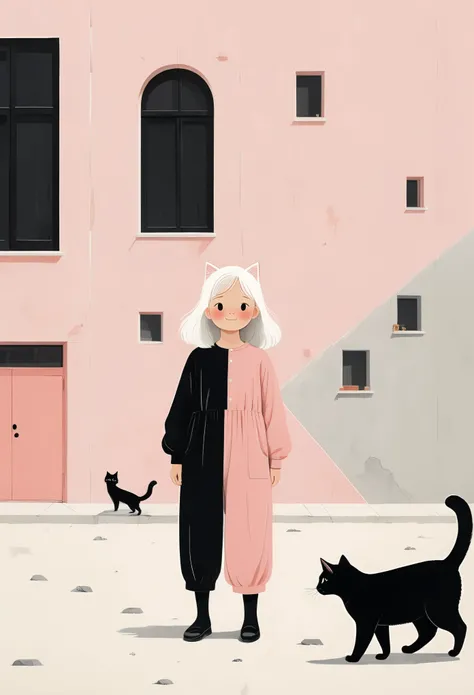 in the style of Alessandro Gottardo-【Flat coating】- ((best quality)), illustration, outdoor，Urban Background，Wide Angle，Background blur，hairy, cat, Animal ears, Tail, black jumpsuit, 1 girl, whole body, 1 girl, alone, long hair, white hair, ,pink eyes, loo...