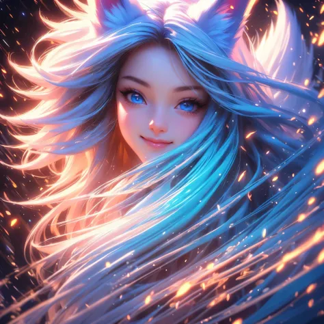 beautiful detailed eyes, beautiful detailed lips, extremely detailed eyes and face, longeyelashes, a beautiful fox girl with long blue hair, fox ears and a fluffy fox tail, wearing a white fur jacket with red lining and blue jeans, smiling lovingly while h...