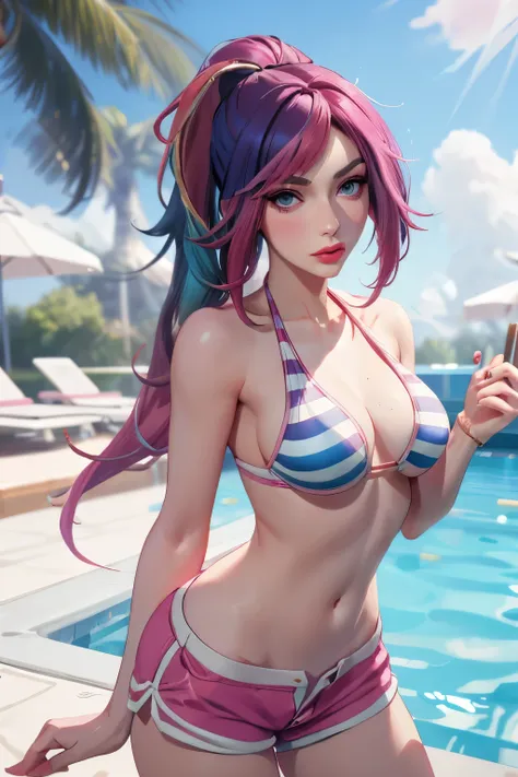 fiora league of legends, Pool Party Fiora, shorts rosa, striped bikini top, pink  hair, long hair, multicolor hair, 