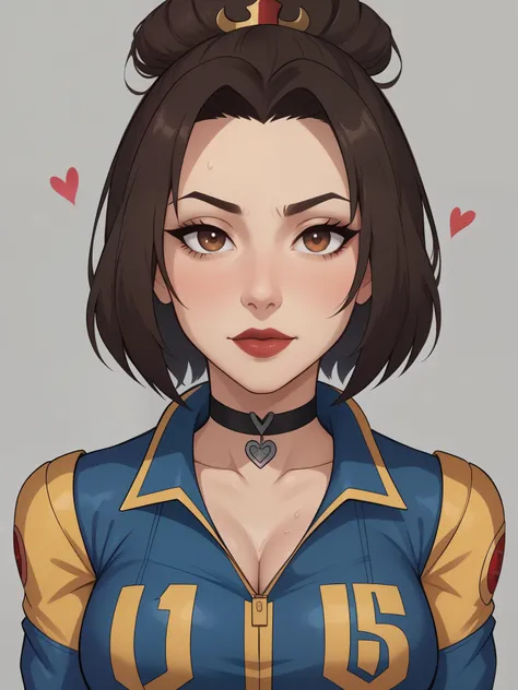 azula. dark brown hair. cold brown eyes. choker. red fallout vault suit. heart