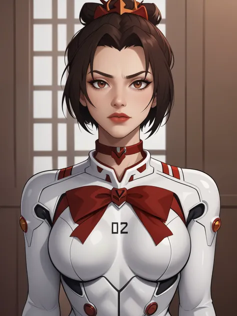 azula. dark brown hair. cold brown eyes. choker. red evangelion suit. bow